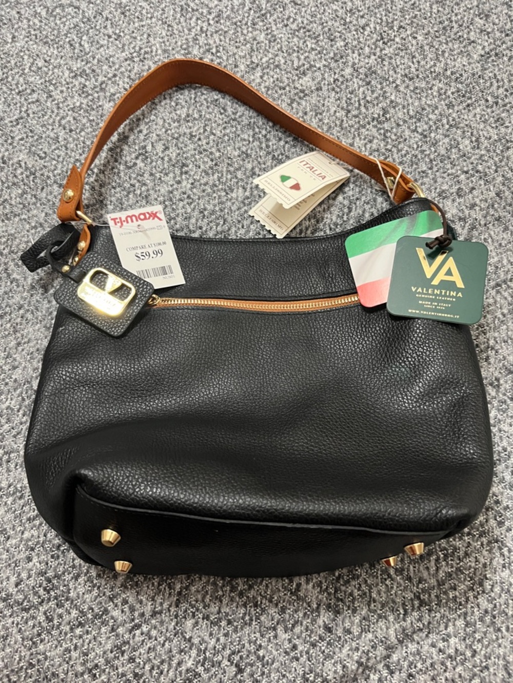 Valentina Black Pebbled Leather Hobo with Tan Shoulder Strap